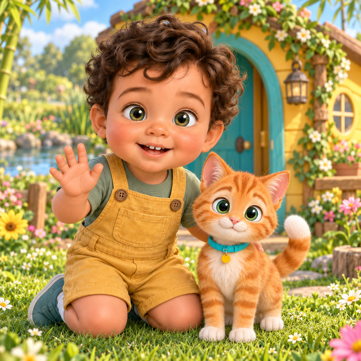 Milo waving hello next to Pip the kitten, in front of their cottage in the garden